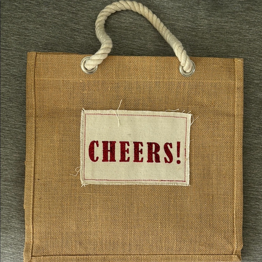 Cheers Burlap Wine Tote Bag